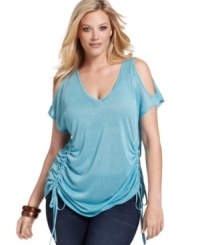 It's your time to shine in DKNY Jeans' cold-shoulder plus size top, showcasing a metallic finish. It's your time to shine in DKNY Jeans' cold-shoulder plus size top, showcasing a metallic finish.