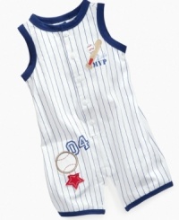 Step up to the plate. Get your slugger ready for the game-time with this sporty romper from First Impressions. Step up to the plate. Get your slugger ready for the game-time with this sporty romper from First Impressions.
