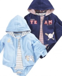 He'll be ready to play in this cute and comfortable bodysuit with matching hoodie and pants by First Impressions. He'll be ready to play in this cute and comfortable bodysuit with matching hoodie and pants by First Impressions.