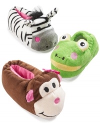 Your little kid will enjoy slipping into one of these cute and comfortably warm slippers by Cozy Critters. Your little kid will enjoy slipping into one of these cute and comfortably warm slippers by Cozy Critters.