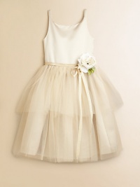 A charming dress inspired by a ballerina's special style, shaped with a satin bodice, frothy tulle skirt and a grosgrain ribbon wrap that ties at the waist. Covered buttons over the hidden back zipperFully linedPolyester/nylonDry cleanImported A charming dress inspired by a ballerina's special style, shaped with a satin bodice, frothy tulle skirt and a grosgrain ribbon wrap that ties at the waist. Covered buttons over the hidden back zipperFully linedPolyester/nylonDry cleanImported