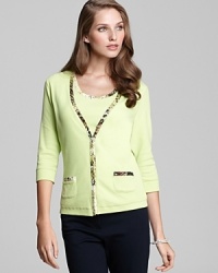 Get set for style in this BASLER two-piece sweater ensemble, comprised of a fitted tank and v neck cardigan, both accented by sleek snake-print trim. Get set for style in this BASLER two-piece sweater ensemble, comprised of a fitted tank and v neck cardigan, both accented by sleek snake-print trim.