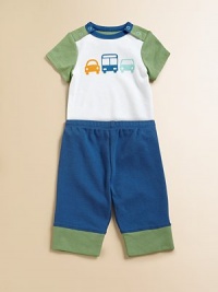 Get your little one moving in this handsome three-piece set with automobile printed bodysuit, matching pants and hat.Crewneck with shoulder snapsShort sleevesBottom snapsElastic waistbandElastic waistbandCottonMachine washImported Please note: Number of snaps may vary depending on size ordered. Get your little one moving in this handsome three-piece set with automobile printed bodysuit, matching pants and hat.Crewneck with shoulder snapsShort sleevesBottom snapsElastic waistbandElastic waistbandCottonMachine washImported Please note: Number of snaps may vary depending on size ordered.