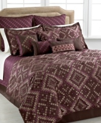 On the road. A geometric diamond design in a pretty purple palette lends a modern presentation to the bedroom in this Abbey Road comforter set. Features a quilted coverlet and a pile of decorative pillows for a full, fantastic look. On the road. A geometric diamond design in a pretty purple palette lends a modern presentation to the bedroom in this Abbey Road comforter set. Features a quilted coverlet and a pile of decorative pillows for a full, fantastic look.