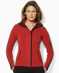 Both stylish and sporty, Lauren by Ralph Lauren's sleek full-zip cardigan is crafted from luxe combed cotton with bold color-blocking for an athletic touch. Both stylish and sporty, Lauren by Ralph Lauren's sleek full-zip cardigan is crafted from luxe combed cotton with bold color-blocking for an athletic touch.