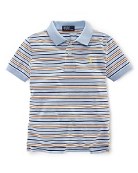 A short-sleeved polo is rendered in soft, breathable striped jersey-knit cotton. A short-sleeved polo is rendered in soft, breathable striped jersey-knit cotton.