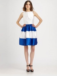 This full-skirted satin style features bold contrasting stripes.Jewel necklineSleevelessConcealed back zipFully linedAbout 21 from natural waistPolyesterDry cleanMade in USA of imported fabricModel shown is 5'9½ (176cm) wearing US size 2. This full-skirted satin style features bold contrasting stripes.Jewel necklineSleevelessConcealed back zipFully linedAbout 21 from natural waistPolyesterDry cleanMade in USA of imported fabricModel shown is 5'9½ (176cm) wearing US size 2.