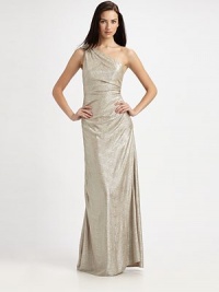 Texture at its finest - lustrous metallic design with an asymmetrical neckline and delicately beaded appliqué. One shoulder Side ruching Hidden side zipper Fully lined About 65 from shoulder to hem Polyester Dry clean Made in USA of imported fabricOUR FIT MODEL RECOMMENDS ordering true size. Texture at its finest - lustrous metallic design with an asymmetrical neckline and delicately beaded appliqué. One shoulder Side ruching Hidden side zipper Fully lined About 65 from shoulder to hem Polyester Dry clean Made in USA of imported fabricOUR FIT MODEL RECOMMENDS ordering true size.