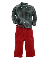 A handsome plaid shirt and a pair of soft corduroy pants with a penguin-embroidered belt for a perfectly preppy finish create a handsome combination for your baby boy's outings. A handsome plaid shirt and a pair of soft corduroy pants with a penguin-embroidered belt for a perfectly preppy finish create a handsome combination for your baby boy's outings.
