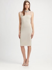 An edgy, studded collar offsets an ethereal chiffon inset on this modern, body-skimming silhouette.Studded point collarSleevelessSheer yokeBack keyhole button closureAbout 23 from natural waistSilk/woolDry cleanMade in USA of Italian fabricModel shown is 5'10 (177cm) wearing US size 4. An edgy, studded collar offsets an ethereal chiffon inset on this modern, body-skimming silhouette.Studded point collarSleevelessSheer yokeBack keyhole button closureAbout 23 from natural waistSilk/woolDry cleanMade in USA of Italian fabricModel shown is 5'10 (177cm) wearing US size 4.
