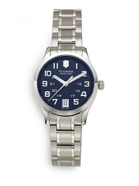 THE LOOKRound stainless steel case, 30mm (1.18)Precision Swiss quartz movementPolished bezelScrew-in case backScratch-resistant sapphire crystalBlack dialSilver Arabic numeral hour markersLuminescent handsDate window at 6:00Brushed and polished stainless steel link braceletDouble locking foldover claspWater resistant to 10 ATMTHE MATERIALStainless steelORIGINMade in Switzerland THE LOOKRound stainless steel case, 30mm (1.18)Precision Swiss quartz movementPolished bezelScrew-in case backScratch-resistant sapphire crystalBlack dialSilver Arabic numeral hour markersLuminescent handsDate window at 6:00Brushed and polished stainless steel link braceletDouble locking foldover claspWater resistant to 10 ATMTHE MATERIALStainless steelORIGINMade in Switzerland