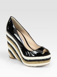 Timeless patent leather peep-toe design modernized by a multicolored hemp wedge and platform. Hemp wedge, 5 (125mm)Hemp platform, 1½ (40mm)Compares to a 3½ heel (90mm)Patent leather upperLeather lining and solePadded insoleMade in Italy Timeless patent leather peep-toe design modernized by a multicolored hemp wedge and platform. Hemp wedge, 5 (125mm)Hemp platform, 1½ (40mm)Compares to a 3½ heel (90mm)Patent leather upperLeather lining and solePadded insoleMade in Italy