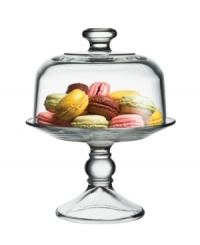 An indispensable accessory for entertaining, this glass cake stand makes an elegant presentation of tarts, cupcakes, macaroons and more. Dome cover keeps your treats fresher, longer. An indispensable accessory for entertaining, this glass cake stand makes an elegant presentation of tarts, cupcakes, macaroons and more. Dome cover keeps your treats fresher, longer.