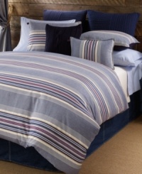 Snug stripes. This Sun Valley duvet cover set from Tommy Hilfiger features textured blue and ivory horizontal stripes with red and tan accents for homespun charm. Reverses to solid. Snug stripes. This Sun Valley duvet cover set from Tommy Hilfiger features textured blue and ivory horizontal stripes with red and tan accents for homespun charm. Reverses to solid.