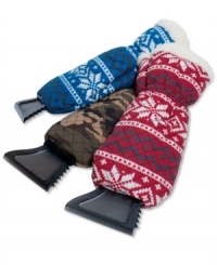 Take on the elements with ease wearing this patterned mitten ice scraper from Travel Gear. Take on the elements with ease wearing this patterned mitten ice scraper from Travel Gear.