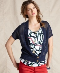 Tommy Hilfiger creates a perfect layering piece for warm days with this mesh knit cardigan. The deep V-neckline accentuates printed tops, too! Tommy Hilfiger creates a perfect layering piece for warm days with this mesh knit cardigan. The deep V-neckline accentuates printed tops, too!