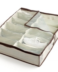 Under the bed, out of sight. The best storage keeps a low profile & this attractive shoe organizer takes 12 pairs and puts them in their place. A clear vinyl top keeps dust away and also gives you a clear view of the contents, while the tweed exterior with dark brown trim adds a simplistic accent to your space. 1-year warranty. Under the bed, out of sight. The best storage keeps a low profile & this attractive shoe organizer takes 12 pairs and puts them in their place. A clear vinyl top keeps dust away and also gives you a clear view of the contents, while the tweed exterior with dark brown trim adds a simplistic accent to your space. 1-year warranty.