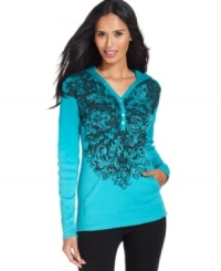Style&co. Sport makes a hooded henley magnificent by adding a posh placed print and dazzling studding. Style&co. Sport makes a hooded henley magnificent by adding a posh placed print and dazzling studding.
