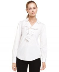 The classic white shirt gets a feminine makeover from Nine West. Cascading ruffles add a soft touch that's perfect for pairing with suits and work separates. The classic white shirt gets a feminine makeover from Nine West. Cascading ruffles add a soft touch that's perfect for pairing with suits and work separates.