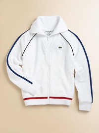 He'll be at the top of his game in this zip-front track jacket with slash pockets and sporty stripes for cool athletic style.Stand collarLong sleevesFull-zip frontSlash pocketsRibbed cuffs and hemFully linedPolyesterMachine washImported He'll be at the top of his game in this zip-front track jacket with slash pockets and sporty stripes for cool athletic style.Stand collarLong sleevesFull-zip frontSlash pocketsRibbed cuffs and hemFully linedPolyesterMachine washImported