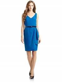 THE LOOKV-neckSleevelessRemovable contrast bow beltSeamed waistCascading draping at skirtBack zipper with hook-and-eye closureTHE FITAbout 36 from shoulder to hemTHE MATERIALPolyester/spandexCARE & ORIGINDry cleanImportedModel shown is 5'9 (175cm) wearing US size 4. THE LOOKV-neckSleevelessRemovable contrast bow beltSeamed waistCascading draping at skirtBack zipper with hook-and-eye closureTHE FITAbout 36 from shoulder to hemTHE MATERIALPolyester/spandexCARE & ORIGINDry cleanImportedModel shown is 5'9 (175cm) wearing US size 4.