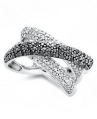Crisscrossed and totally chic! This unique ring highlights round-cut white diamonds (1/4 ct. t.w.) and black diamonds (1/5 ct. t.w.) in a sterling silver setting. Size 7. Crisscrossed and totally chic! This unique ring highlights round-cut white diamonds (1/4 ct. t.w.) and black diamonds (1/5 ct. t.w.) in a sterling silver setting. Size 7.