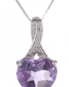 10k White Gold Amethyst and Diamond Heart Pendant Necklace , 18