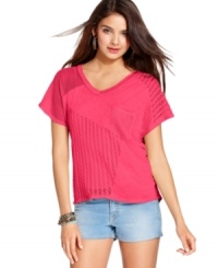 Jolt mixes things up with a pullover top that boasts a mishmash of fishnet and open-knit design! Layer it over a cami for cute day style -- or a bikini top for an effortless beach look! Jolt mixes things up with a pullover top that boasts a mishmash of fishnet and open-knit design! Layer it over a cami for cute day style -- or a bikini top for an effortless beach look!