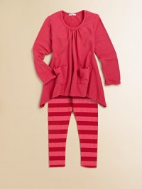 An eye-catching pair featuring an easy-chic tunic and darling striped leggings. Shirt Scoop neckLong sleevesFront patch pocketsCurved hem Leggings Pull-on style50% Tencel/42% cotton/8% LycraMachine washImported An eye-catching pair featuring an easy-chic tunic and darling striped leggings. Shirt Scoop neckLong sleevesFront patch pocketsCurved hem Leggings Pull-on style50% Tencel/42% cotton/8% LycraMachine washImported