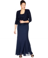Textured and sparkling touches at the bodice and jacket of Alex Evenings' evening ensemble make it perfect for a special night. Textured and sparkling touches at the bodice and jacket of Alex Evenings' evening ensemble make it perfect for a special night.