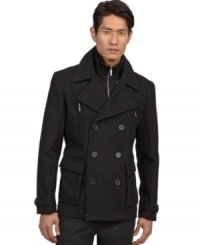 This Kenneth Cole New York coat does double duty: it's a classic peacoat with a stylish sweater layer underneath to keep your chest and neck extra warm. This Kenneth Cole New York coat does double duty: it's a classic peacoat with a stylish sweater layer underneath to keep your chest and neck extra warm.
