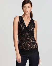 Fanciful lace defines an artfully gathered Karen Kane tank for a delicate yet daring style statement. Finish with a sharp blazer for a strong, feminine look. Fanciful lace defines an artfully gathered Karen Kane tank for a delicate yet daring style statement. Finish with a sharp blazer for a strong, feminine look.