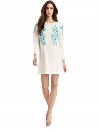 THE LOOKContrast embroidered designRound neckRuched shouldersPullover styleTHE FITAbout 34 from shoulder to hemTHE MATERIALRayonSilk liningCARE & ORIGINDry cleanImportedModel shown is 5'10 (177cm) wearing US size 4. THE LOOKContrast embroidered designRound neckRuched shouldersPullover styleTHE FITAbout 34 from shoulder to hemTHE MATERIALRayonSilk liningCARE & ORIGINDry cleanImportedModel shown is 5'10 (177cm) wearing US size 4.