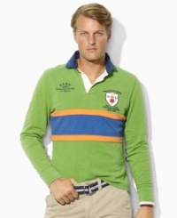 Crafted from well-worn, antiqued cotton jersey, a long-sleeved, trim-fitting rugby features heritage details for a handsome, sporty appeal. Crafted from well-worn, antiqued cotton jersey, a long-sleeved, trim-fitting rugby features heritage details for a handsome, sporty appeal.