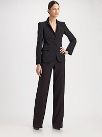 A polished look in lightweight wool with wide, straight legs.Wide, two-button waistband Front zipper Back waist darts Unfinished hem Virgin wool Dry clean Imported A polished look in lightweight wool with wide, straight legs.Wide, two-button waistband Front zipper Back waist darts Unfinished hem Virgin wool Dry clean Imported
