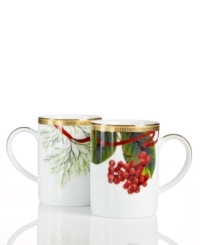 A new holiday classic, Holly Berry mugs feature filigree-patterned gold and beautiful Christmas botanicals in elegant white porcelain. Complements Charter Club's Grand Buffet Classic Gold and Red Rim dinnerware. A new holiday classic, Holly Berry mugs feature filigree-patterned gold and beautiful Christmas botanicals in elegant white porcelain. Complements Charter Club's Grand Buffet Classic Gold and Red Rim dinnerware.