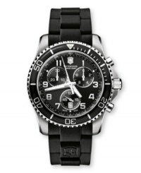 Add more precision to any activity with this multifunctional sport watch from Victorinox Swiss Army. Black rubber strap. Round stainless steel case with anti-reflective crystal and uni-directional rotating bezel. Black chronograph dial features three subdials, tachymeter scale, date window, luminous hands, logo and numeral indices. Swiss movement. Water resistant to 100 meters. Three-year limited warranty. Add more precision to any activity with this multifunctional sport watch from Victorinox Swiss Army. Black rubber strap. Round stainless steel case with anti-reflective crystal and uni-directional rotating bezel. Black chronograph dial features three subdials, tachymeter scale, date window, luminous hands, logo and numeral indices. Swiss movement. Water resistant to 100 meters. Three-year limited warranty.