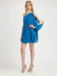 An airy, one-shoulder, Grecian-inspired design with beaded embellishment and peek-a-boo sleeve for flashy, flirty style.Asymmetrical necklineOne-shoulderConcealed side zipFully linedAbout 17 from natural waistPolyesterDry cleanImportedModel shown is 5'10½ (179cm) wearing US size 4. An airy, one-shoulder, Grecian-inspired design with beaded embellishment and peek-a-boo sleeve for flashy, flirty style.Asymmetrical necklineOne-shoulderConcealed side zipFully linedAbout 17 from natural waistPolyesterDry cleanImportedModel shown is 5'10½ (179cm) wearing US size 4.