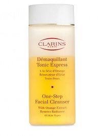 One-Step Facial Cleanser. This easy-to-use cleanser offers a multitude of beauty benefits in one easy step--perfect for the woman on the go. Gentle formula refreshes and tones skin by lifting surface impurities, neutralizing harmful environmental aggressions and enhancing skin's natural radiance. Restores the hydrolipidic film, leaving skin purified, luminous, firm and revitalized. For all skin types. 6.8 oz. Made in France. One-Step Facial Cleanser. This easy-to-use cleanser offers a multitude of beauty benefits in one easy step--perfect for the woman on the go. Gentle formula refreshes and tones skin by lifting surface impurities, neutralizing harmful environmental aggressions and enhancing skin's natural radiance. Restores the hydrolipidic film, leaving skin purified, luminous, firm and revitalized. For all skin types. 6.8 oz. Made in France.