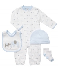 Put it all together. Keep him geared up from head to toe with this 4-piece coverall, beanie, socks and bib set from Carter's. Put it all together. Keep him geared up from head to toe with this 4-piece coverall, beanie, socks and bib set from Carter's.