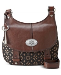 Add some signature style to your laid-back look with this vintage-inspired silhouette from Fossil. Polished hardware and rich leather trim add dimension to the jacquard design, for a look that's effortlessly on-trend. Add some signature style to your laid-back look with this vintage-inspired silhouette from Fossil. Polished hardware and rich leather trim add dimension to the jacquard design, for a look that's effortlessly on-trend.