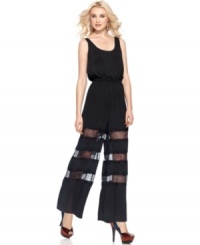 Lace insets add sheer style to this BCBGeneration jumpsuit, perfect for channeling a glam-seventies spring look! Lace insets add sheer style to this BCBGeneration jumpsuit, perfect for channeling a glam-seventies spring look!