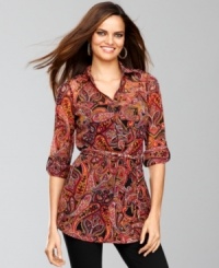 Boyfriend-styling meets exotic inspiration with INC's belted tunic. A colorful, intricate print gives this shirt a unique look. Boyfriend-styling meets exotic inspiration with INC's belted tunic. A colorful, intricate print gives this shirt a unique look.