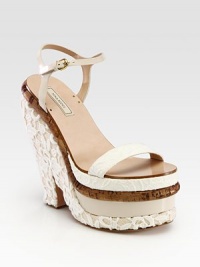 Towering mixed-media platform and adjustable patent leather straps modernize this ladylike lace design of burlap, guipure and cork. Burlap, cork, patent leather and guipure wedge, 6 (150mm)Burlap, cork, patent leather and guipure platform, 2½ (65mm)Compares to a 3½ heel (90mm)Patent leather and guipure upperLeather lining and soleMade in ItalyOUR FIT MODEL RECOMMENDS ordering one half size up as this style runs small. Towering mixed-media platform and adjustable patent leather straps modernize this ladylike lace design of burlap, guipure and cork. Burlap, cork, patent leather and guipure wedge, 6 (150mm)Burlap, cork, patent leather and guipure platform, 2½ (65mm)Compares to a 3½ heel (90mm)Patent leather and guipure upperLeather lining and soleMade in ItalyOUR FIT MODEL RECOMMENDS ordering one half size up as this style runs small.