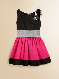 Tailored in airy cotton sateen, this girly colorblocked frock is beautifully complemented by a jewel and feather embellishment, metallic waistband and full skirt.BoatneckSleevelessExposed back zipperMetallic elastic waistbandFully lined97% cotton/3% spandexDry cleanMade in the USA Tailored in airy cotton sateen, this girly colorblocked frock is beautifully complemented by a jewel and feather embellishment, metallic waistband and full skirt.BoatneckSleevelessExposed back zipperMetallic elastic waistbandFully lined97% cotton/3% spandexDry cleanMade in the USA