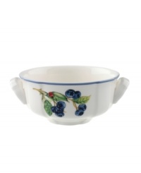 The Cottage Inn cream soup cup is a colorful addition to the sophisticated table. Lush, dancing clusters of ripened blueberries, raspberries and cherries are a stunning contrast on creamy white porcelain and lend every meal a touch of traditional elegance. The Cottage Inn cream soup cup is a colorful addition to the sophisticated table. Lush, dancing clusters of ripened blueberries, raspberries and cherries are a stunning contrast on creamy white porcelain and lend every meal a touch of traditional elegance.