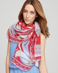 Wrap yourself up in a little bit of paradise with a vibrant floral print scarf from Emilio Pucci. Wrap yourself up in a little bit of paradise with a vibrant floral print scarf from Emilio Pucci.