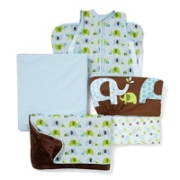 Playful blue and green elephants on a light blue or brown ground with a coordinating blue, green and brown pinwheel-like print. This bumper-free 4-piece set includes the complete sheet, airflow wearable blanket, linen crib skirt and nursery blanket.The American Academy of Pediatrics and the U.S. Consumer Product Safety Commission have made recommendations for safe bedding practices for babies. When putting infants under 12 months to sleep, remove pillows, quilts, comforters, and other soft items from the crib. Playful blue and green elephants on a light blue or brown ground with a coordinating blue, green and brown pinwheel-like print. This bumper-free 4-piece set includes the complete sheet, airflow wearable blanket, linen crib skirt and nursery blanket.The American Academy of Pediatrics and the U.S. Consumer Product Safety Commission have made recommendations for safe bedding practices for babies. When putting infants under 12 months to sleep, remove pillows, quilts, comforters, and other soft items from the crib.