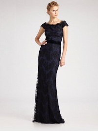 A delicate floral lace overlay with sequined accents along the neck and velvet banding at the waist.Scalloped neckline Off the shoulder straps Velvet banded waist About 43 from shoulder to hem Back zip closure Fully lined 50% viscose/30% cotton/20% nylon Dry clean ImportedOUR FIT MODEL RECOMMENDS ordering true size.. Additional Information Women's Modern Size Guide A delicate floral lace overlay with sequined accents along the neck and velvet banding at the waist.Scalloped neckline Off the shoulder straps Velvet banded waist About 43 from shoulder to hem Back zip closure Fully lined 50% viscose/30% cotton/20% nylon Dry clean ImportedOUR FIT MODEL RECOMMENDS ordering true size.. Additional Information Women's Modern Size Guide