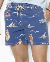 The classic-fitting Traveler swim short is rendered in soft brushed cotton canvas with a Deco-inspired beach print. The classic-fitting Traveler swim short is rendered in soft brushed cotton canvas with a Deco-inspired beach print.
